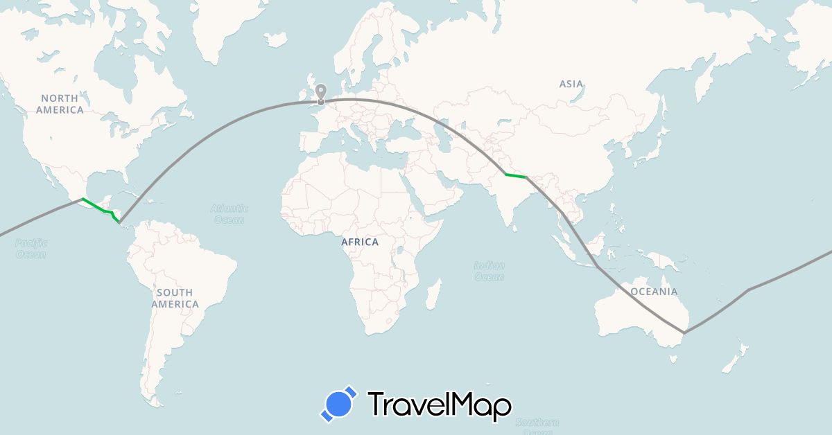 TravelMap itinerary: driving, bus, plane in Australia, Costa Rica, Fiji, United Kingdom, Guatemala, Honduras, Indonesia, India, Mexico, Nicaragua, Nepal, Thailand (Asia, Europe, North America, Oceania)